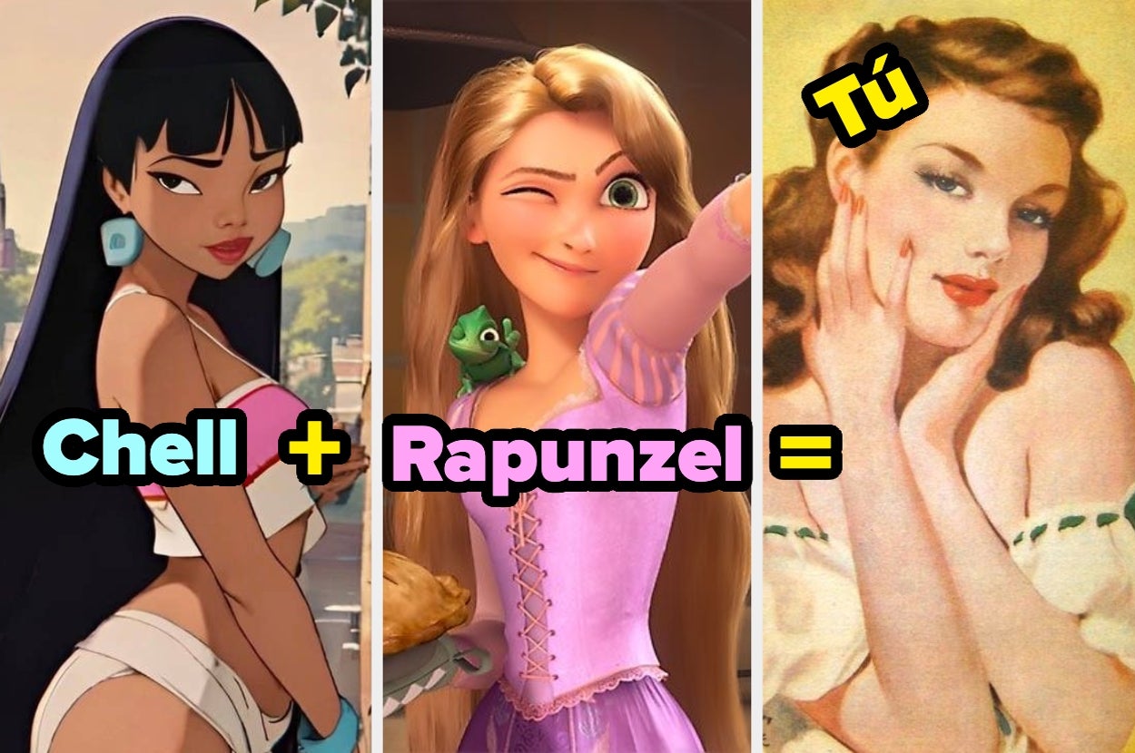 Personajes animados: Chell y Rapunzel, junto a una ilustración vintage de mujer, en un collage con texto humorístico