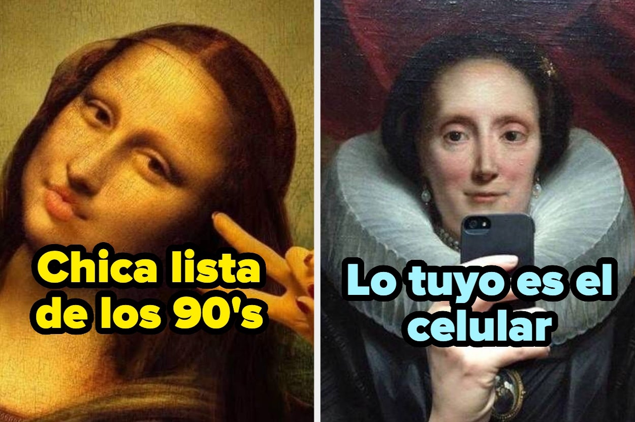 A la izquierda, un meme de la Mona Lisa con gafas de sol. A la derecha, retrato antiguo de mujer con celular y texto humorístico