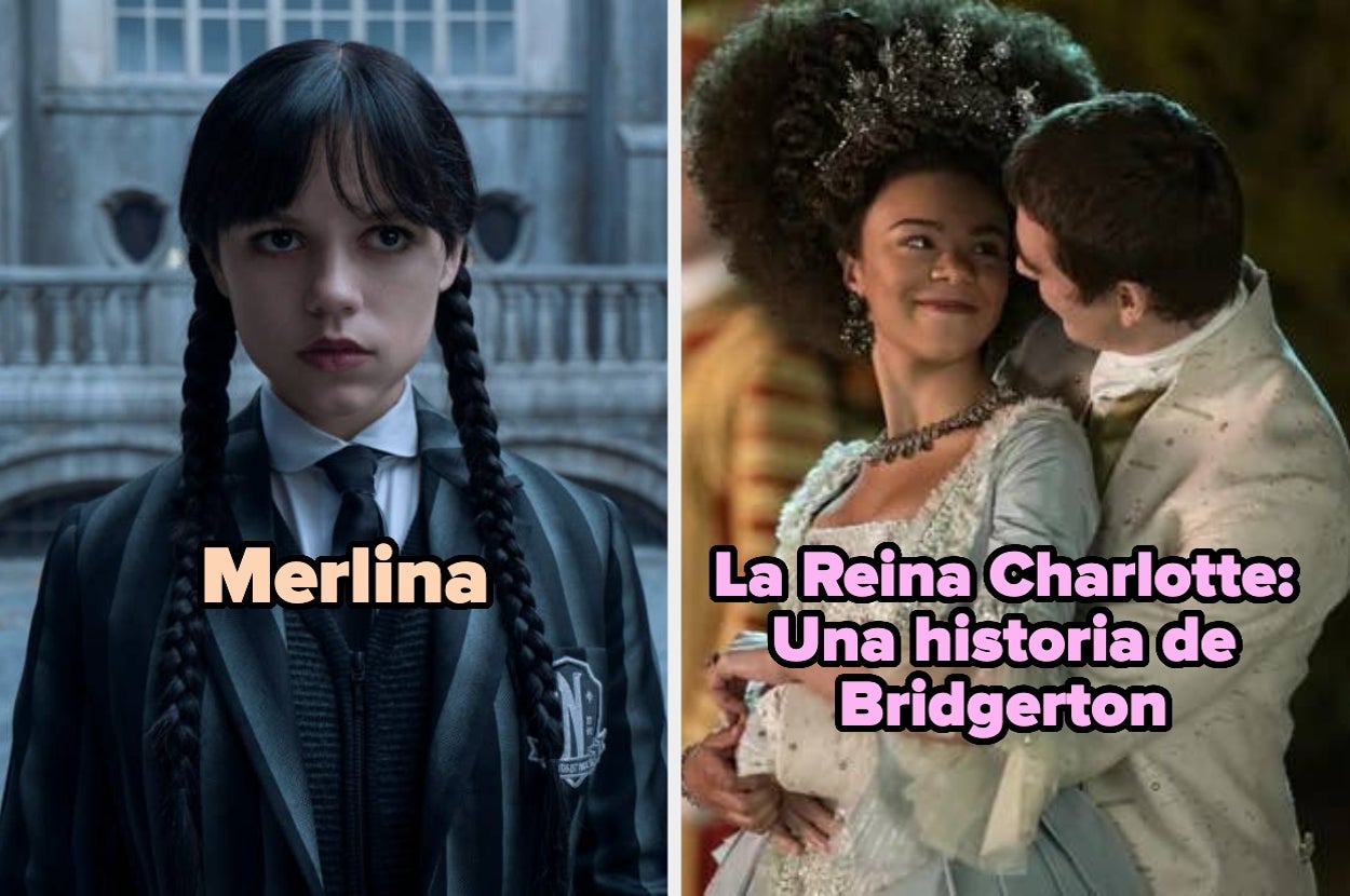 Montaje de "Merlina" con una chica de uniforme y "La Reina Charlotte: Una historia de Bridgerton" con una pareja en ropa de época