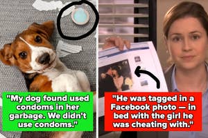 A meme shows a dog with used condoms and a woman pointing to a Facebook photo, both suggesting infidelity with humorous text