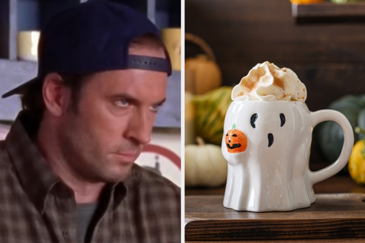 Luke Danes from "Gilmore Girls" in casual outfit with a backward cap looking mad on one side; ghost-shaped mug with whipped cream on the other