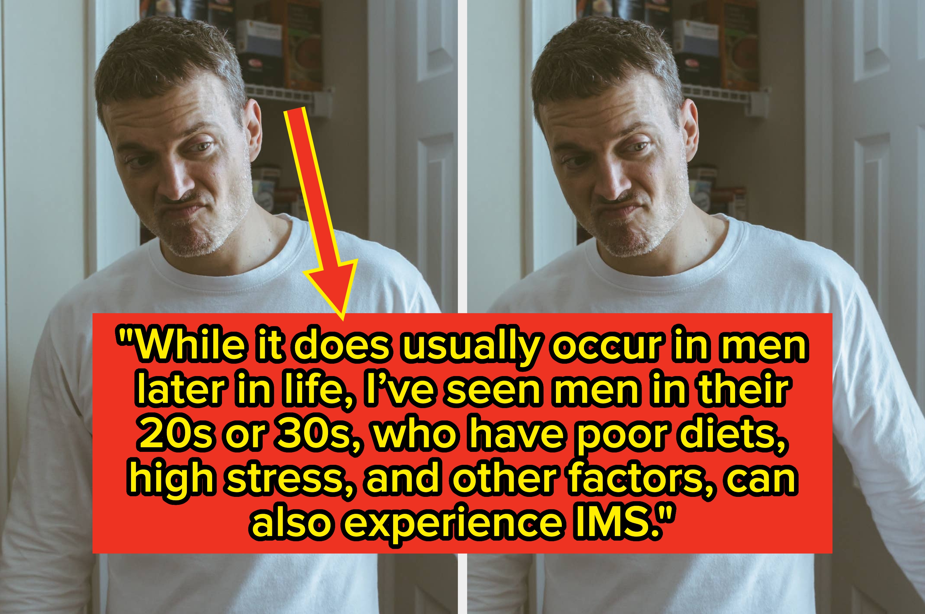 Man in a casual white long-sleeve shirt standing in a kitchen with a lighthearted expression