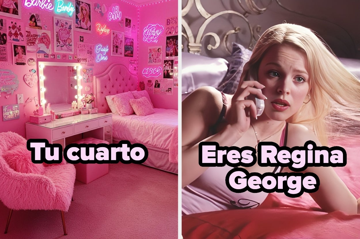 Comparación humorística: habitación decorada con temática de Barbie vs. escena de Regina George usando el teléfono en su cama