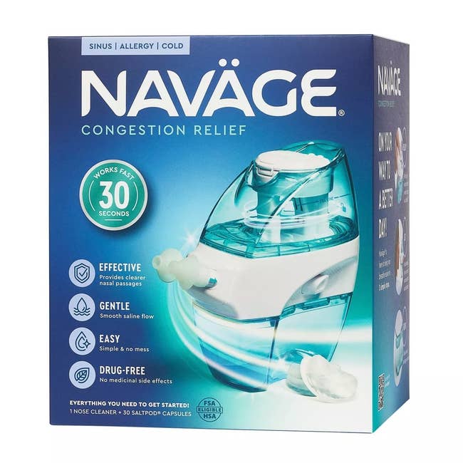 Naväge congestion alleviation nasal irrigation instrumentality packaging, featuring benefits similar accelerated alleviation successful 30 seconds, drug-free, and gentle saline flow