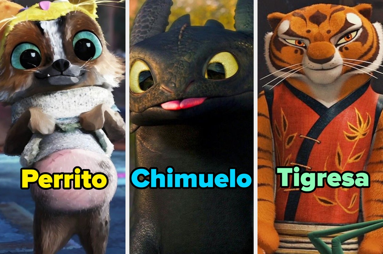 Tres personajes animados: un perro-lobo con bufanda, un dragón negro con lengua afuera y un tigre antropomórfico con traje de artes marciales