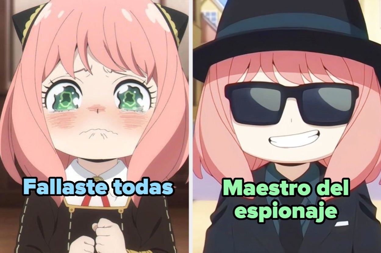 Dos imágenes del personaje Anya. Izquierda: triste, con texto "Fallaste todas". Derecha: con gafas y sombrero, texto "Maestro del espionaje"