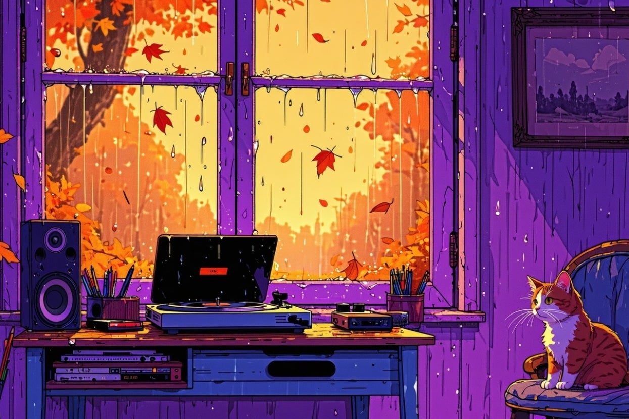 Illustrated cozy room with a turntable playing music, colorful leaves outside a rain-speckled window, and a cat watching the scene