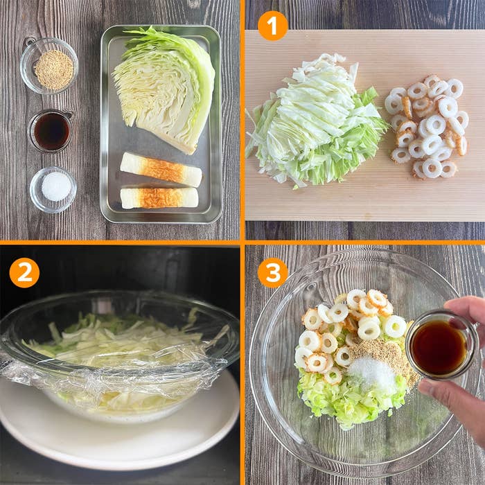 工程写真。キャベツとちくわのサラダ作り。切る、電子レンジ調理、調味料を加える手順。