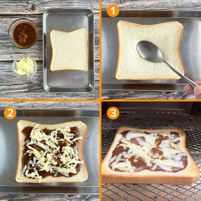 食パンにカレーとチーズをのせ、トーストして調理する手順を示す3枚の画像。