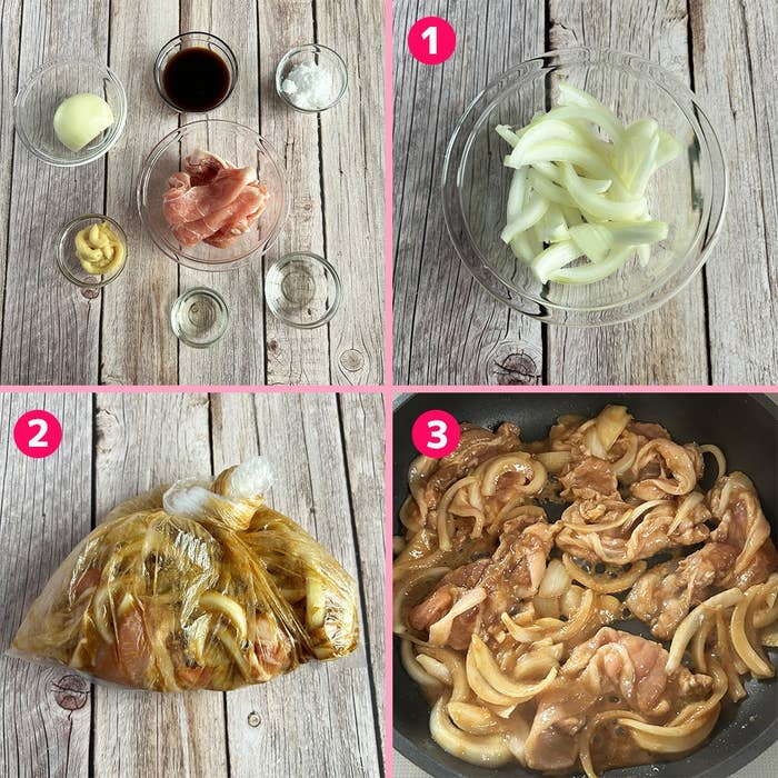 しょうが焼きの調理ステップ。1. 玉ねぎスライス。2. 調味料と材料を袋で混ぜる。3. フライパンで炒める。