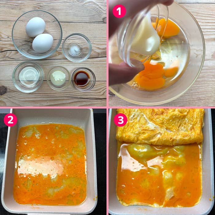 卵と調味料を混ぜてオムレツを作る手順が3つの画像で示されています。