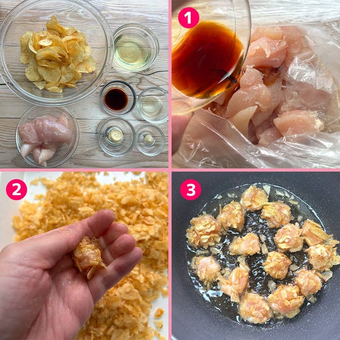 4コマ写真: 袋に入った鶏肉にタレをかけ、衣をまとわせ、フライパンで揚げる工程を示している。調味料と材料が並んでいる。