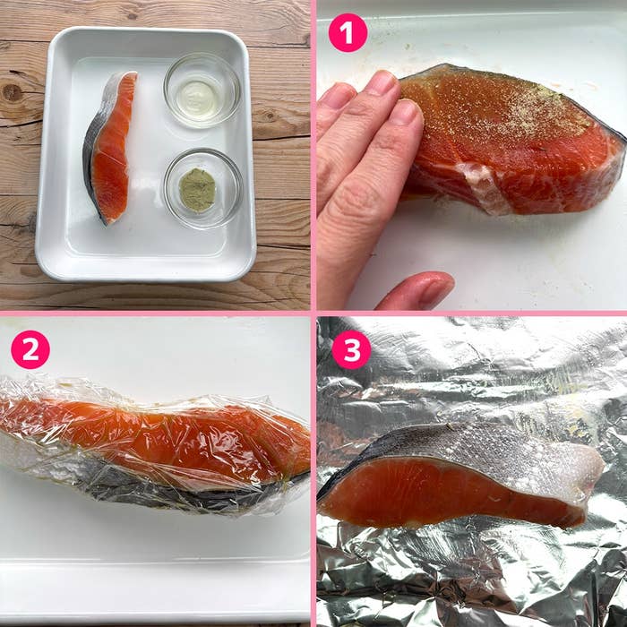 鮭の料理手順。1: 調味料を振りかける。2: ラップで包む。3: ホイルに置く。