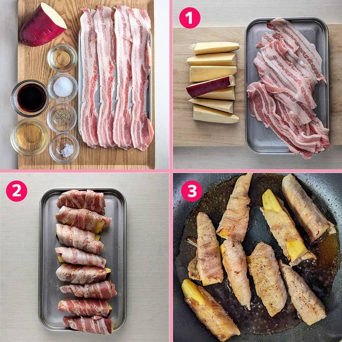 さつまいもと豚バラ肉巻きレシピ手順:材料準備、巻く、フライパンで調理。