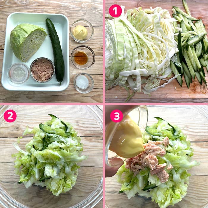 調理手順の画像。1:キャベツ、きゅうり、ツナ、調味料。2:野菜をボウルに。3:ツナとドレッシングを加える。