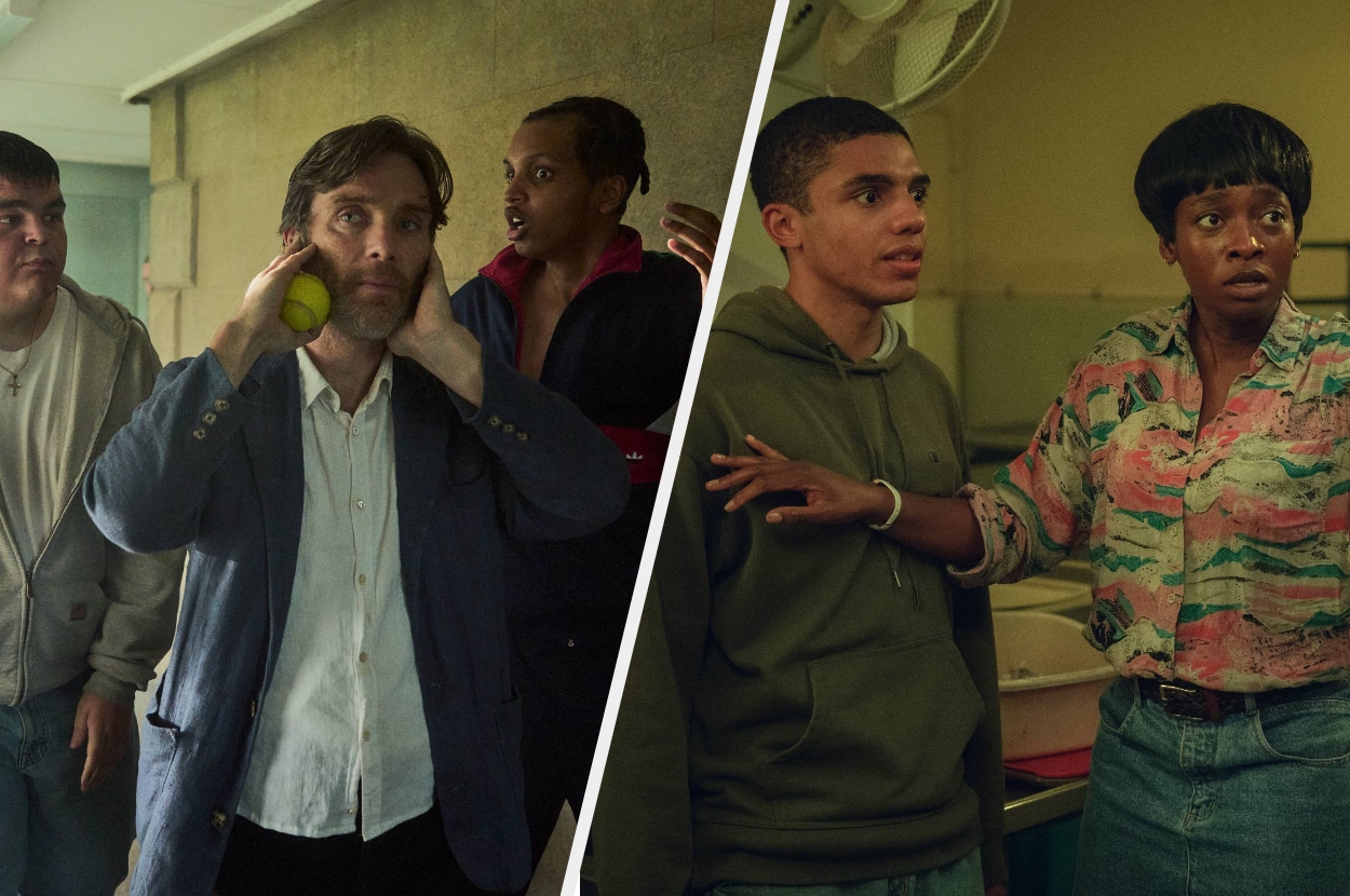 Two scenes: Left, a man holds a ball against his ear with people behind him. Right, two people in casual wear look concerned in an indoor setting