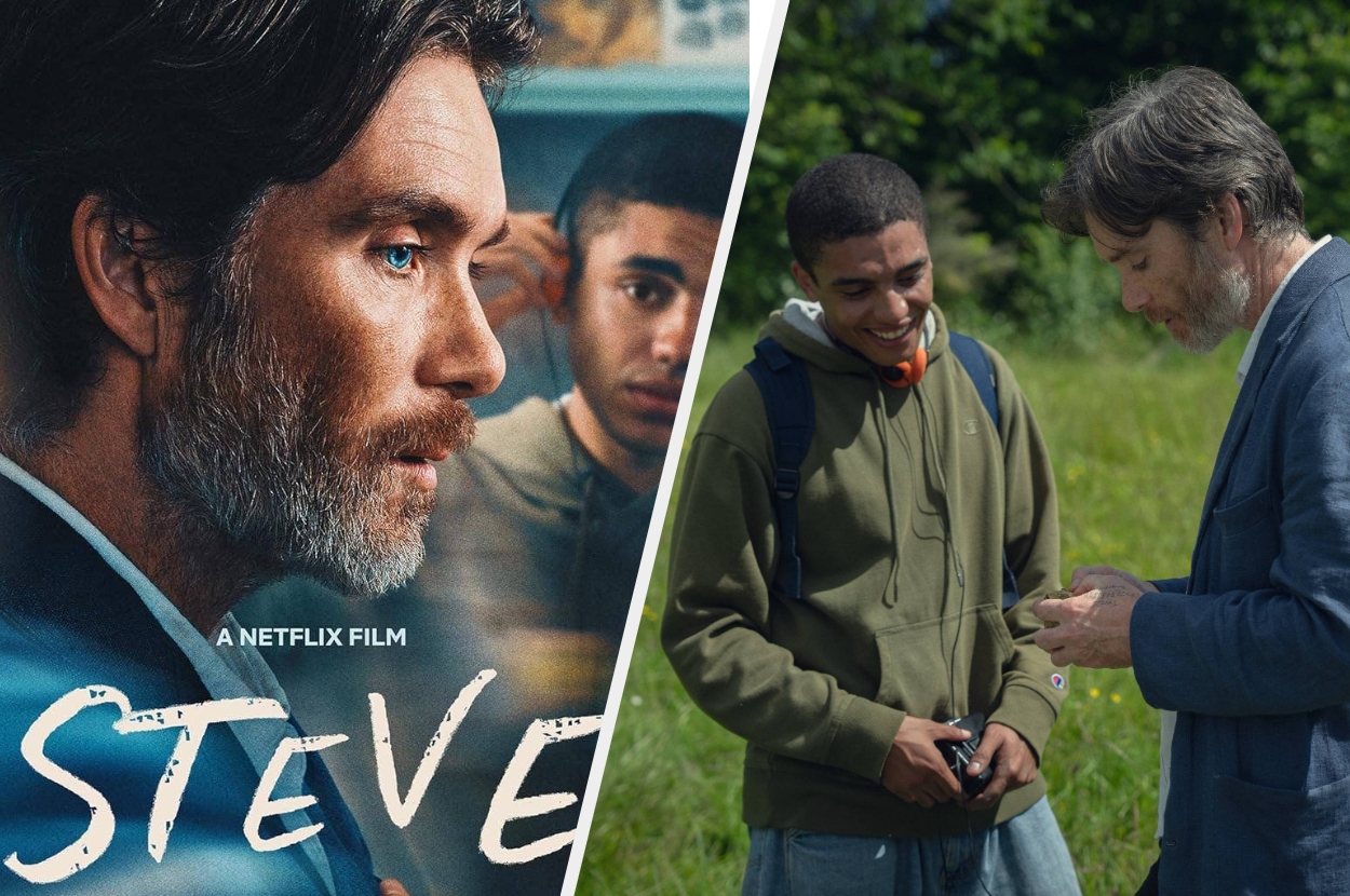 Split image: Left side shows a close-up of a man's thoughtful profile with text "Steve." Right side depicts him in conversation with a younger individual outdoors