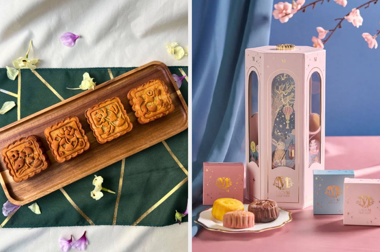 Elegant mooncakes on a wooden tray and in decorative packaging on a table, suggesting a luxurious treat for gifting or special occasions
