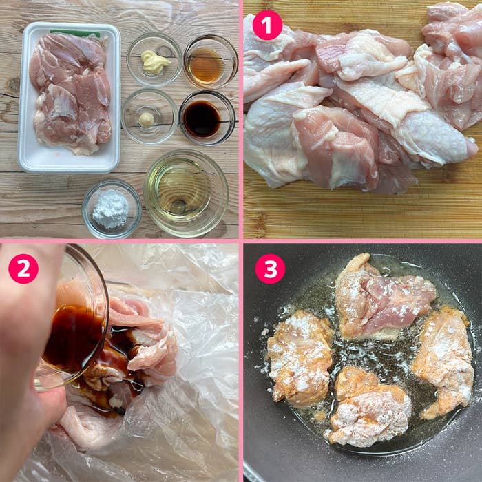 鶏の唐揚げの作り方:1. 鶏肉と調味料を準備。2. 鶏肉を調味料で下味をつける。3. 衣をつけて揚げる。