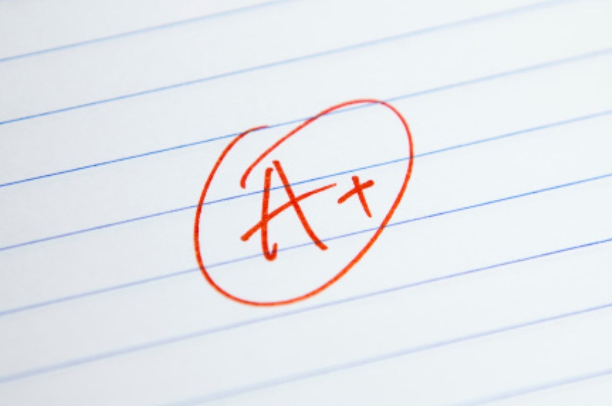 A paper with an A+ grade circled in red, on lined paper