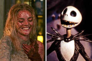 Split image of Samara Weaving with blood splatters on her face in "Ready or Not" and Jack Skellington with a bat bow tie in "The Nightmare Before Christmas