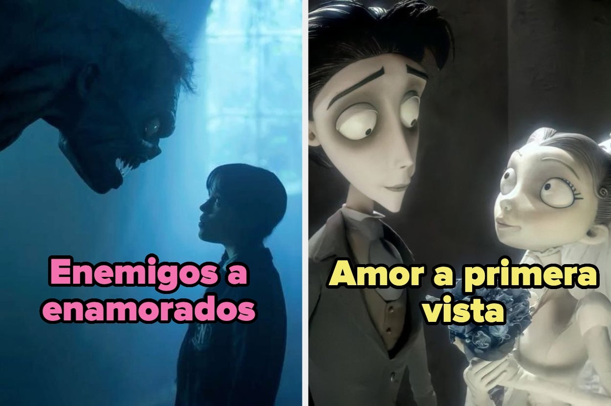 Izquierda: Siluetas de criatura y persona. Texto: "Enemigos a enamorados". Derecha: Pareja animada en atuendo nupcial. Texto: "Amor a primera vista"