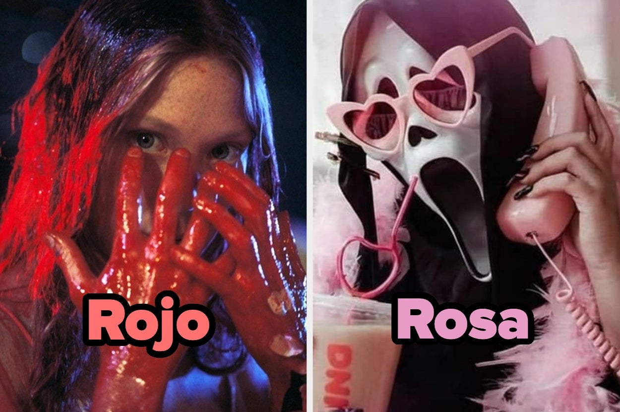 A la izquierda, una persona cubierta en algo similar a sangre. A la derecha, alguien con una máscara de fantasma y accesorios rosas, tomando un café