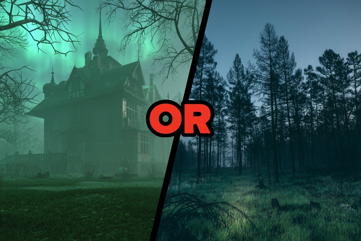 Spooky house with eerie lights on left, dense forest under moonlight on right, split by "OR" text