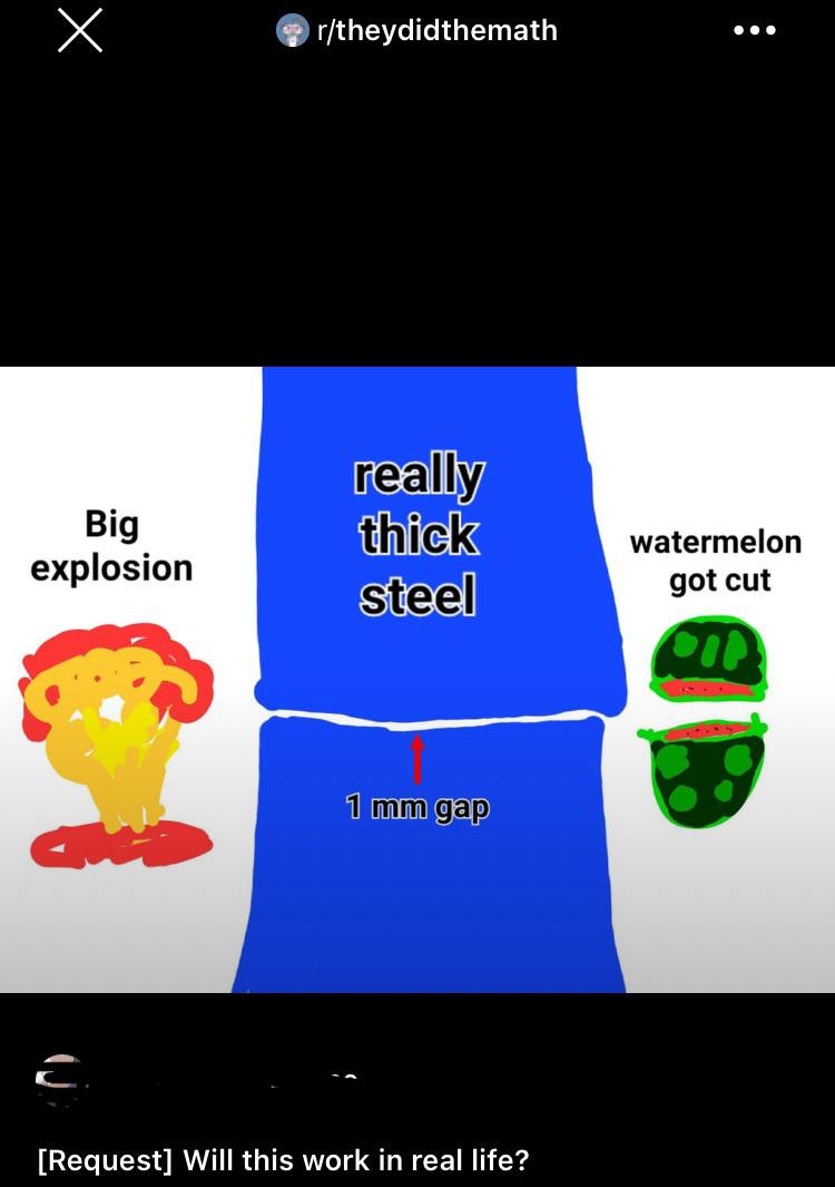 Diagram shows a big explosion, thick steel with a 1 mm gap, and a cut watermelon, questioning the explosion&#x27;s effect through the gap