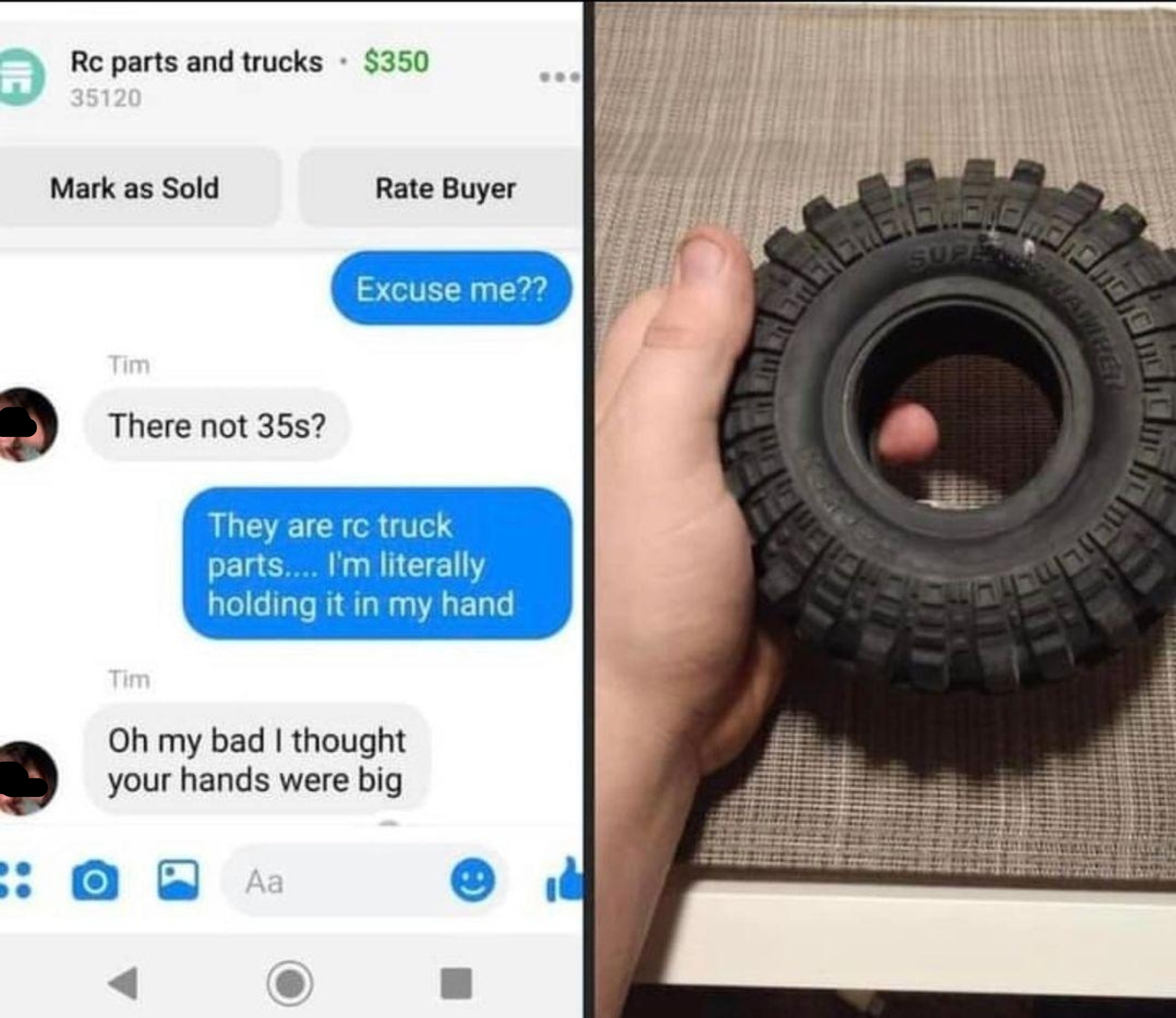 Screenshot of a conversation where a buyer misunderstands the size of RC truck parts, thinking the seller’s hand is large. Seller holds a tire