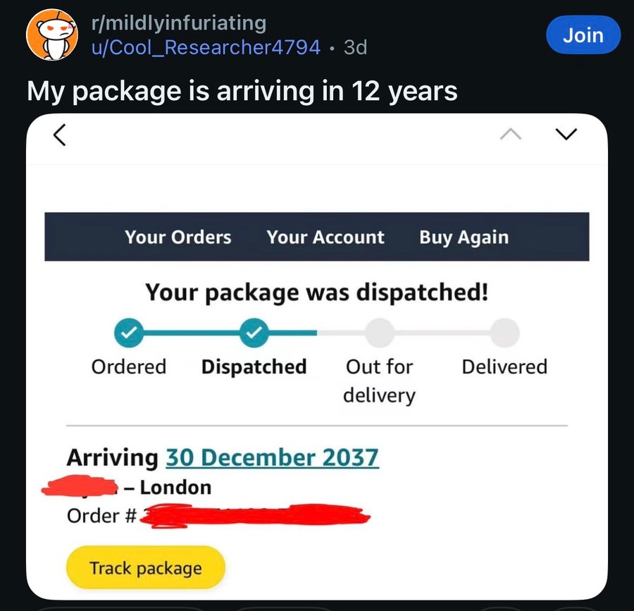 Humorous social media post showing a package delivery date set for 30 December 2037, 12 years later than expected