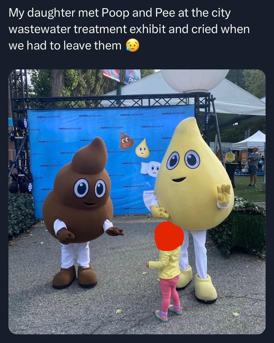 Child meeting poop and pee mascots at a wastewater treatment exhibit, appearing emotional about leaving