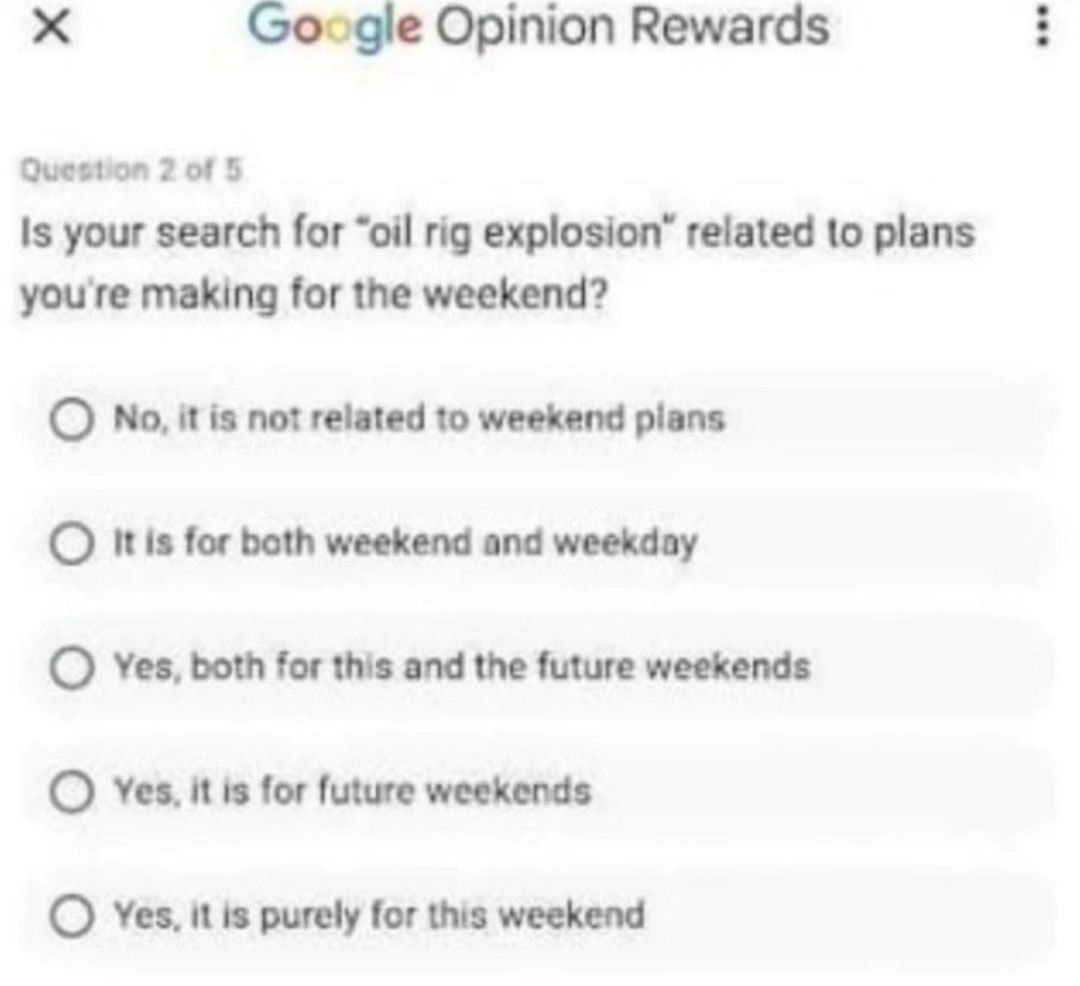 Survey question about the relevance of searching &quot;oil rig explosion&quot; to current or future weekend plans. Multiple-choice responses provided