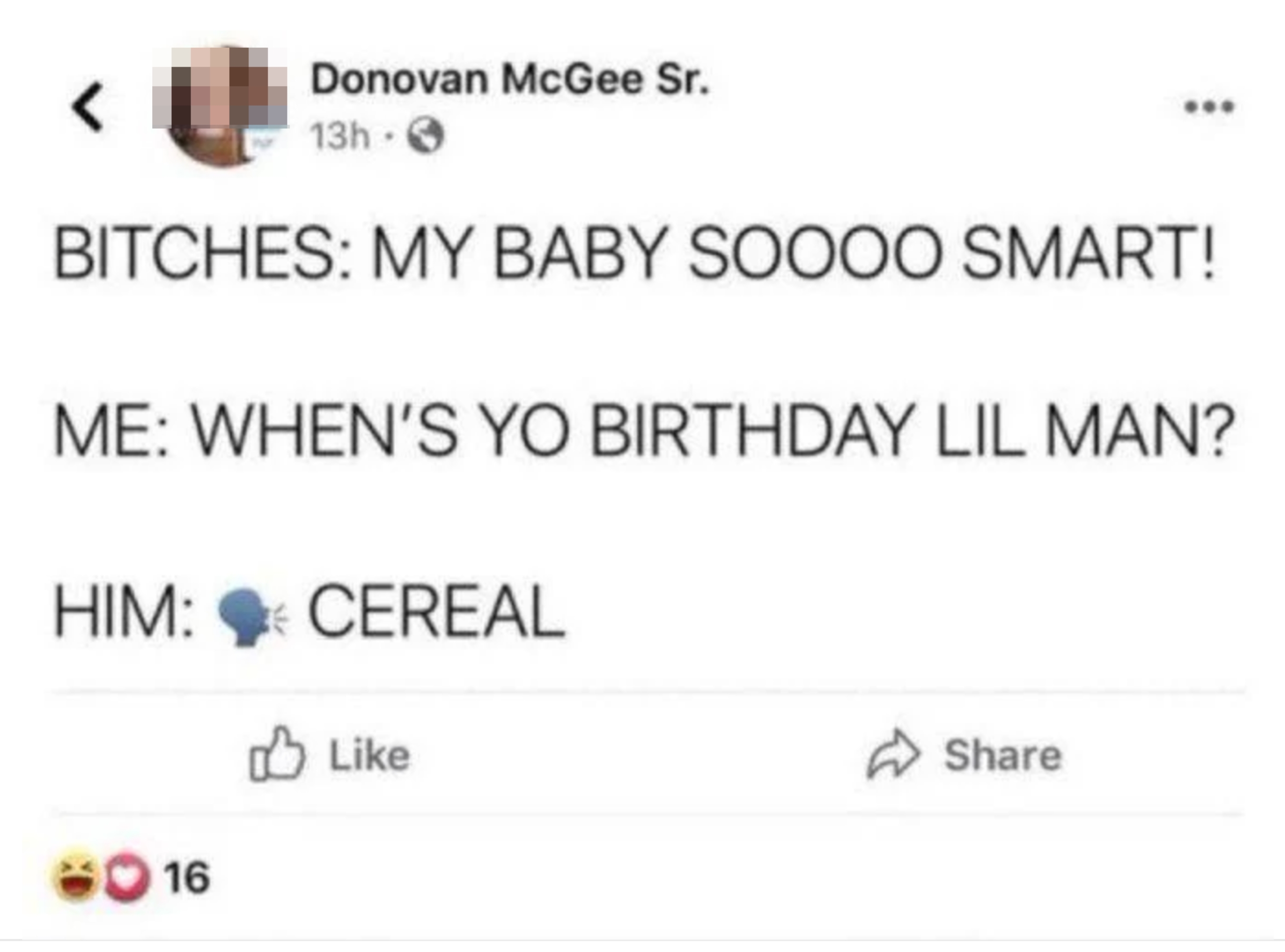 A social media post jokes about a child&#x27;s response to a birthday question, saying &quot;cereal&quot; instead of a date
