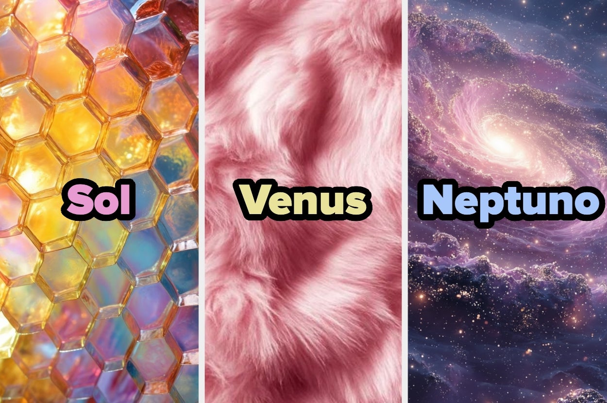 Hexagonal pattern, pink fur, and galaxy swirl images with text labels: Sol, Venus, Neptuno