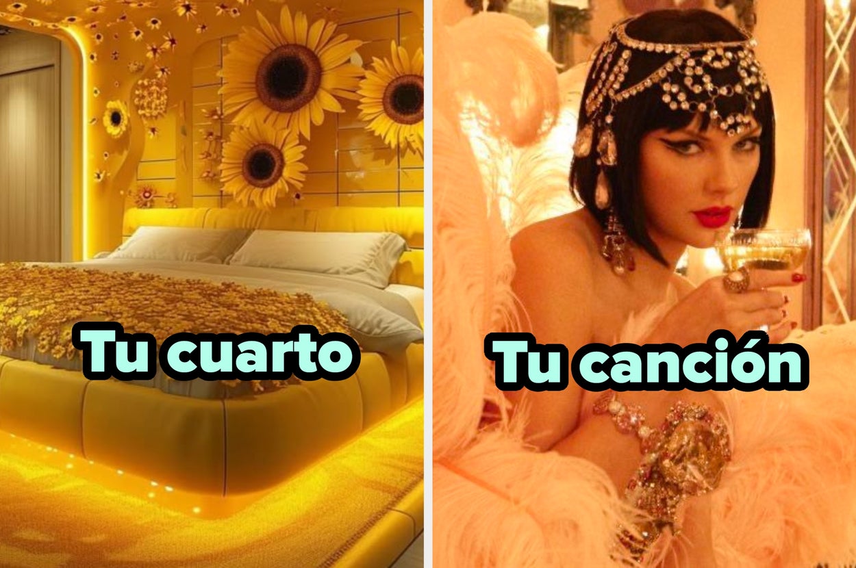 Imagen dividida: izquierda muestra una habitación temática de girasoles; derecha, persona con atuendo glamuroso sosteniendo una copa. Texto: "Tu cuarto" y "Tu canción"