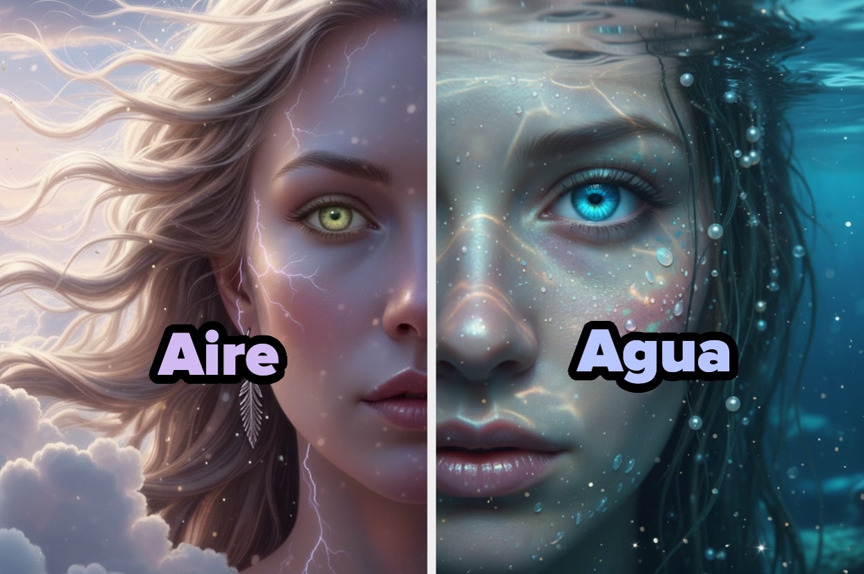 Split image: Left side shows a woman with flowing hair and cloud-like accents labeled "Aire." Right side shows a woman underwater with bubbles labeled "Agua."