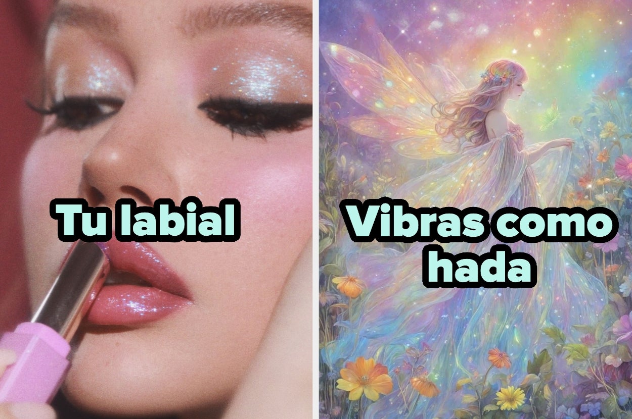 Montaje de maquillaje brillante junto a una ilustración de hada entre flores, resaltando la frase "Vibras como hada"
