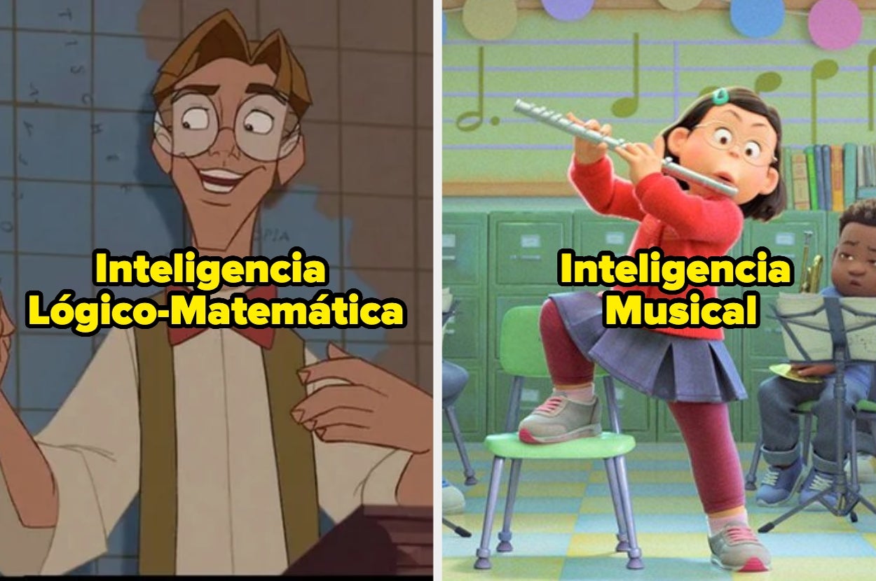Comparativa de dos imágenes: a la izquierda, un personaje con gafas frente a una pizarra; a la derecha, una niña tocando una flauta en clase