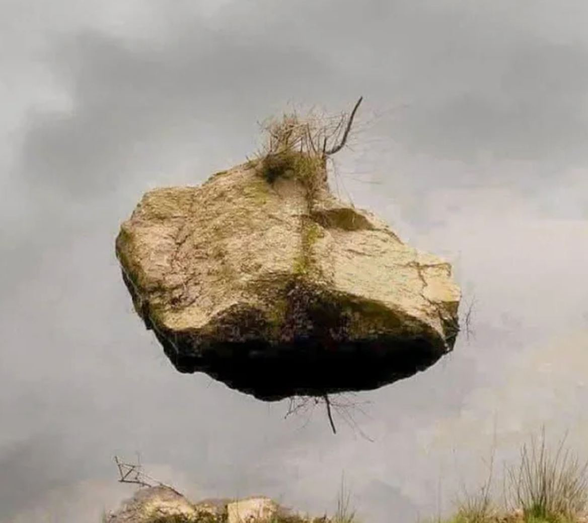 Large rock with grass appears to float mid-air, creating an optical illusion against a cloudy sky. Ground vegetation partially visible below