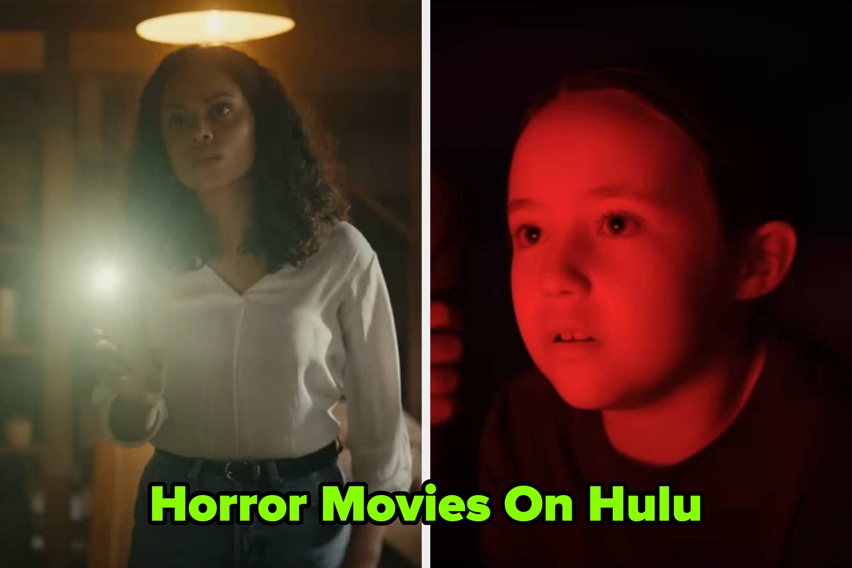 Two people in different scenes: one holding a flashlight, the other lit by a red light, both looking intently