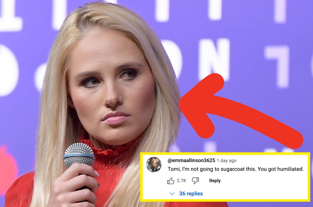 A person with long hair looks serious, holding a microphone. A highlighted comment beside them reads: "Tomi, I'm not going to sugarcoat this. You got humiliated."