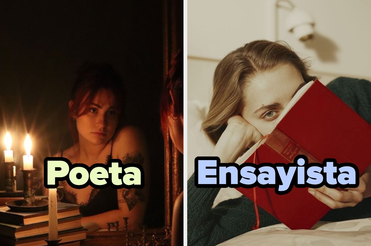 Two images: Left, person labeled "Poeta" sits near lit candles and books. Right, person labeled "Ensayista" lies in bed reading a book