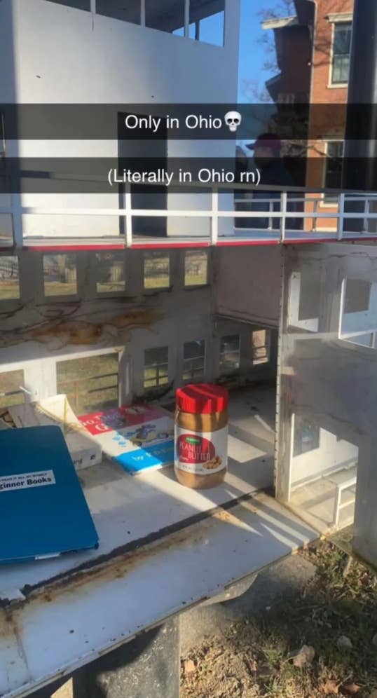 Model building with random items inside, including a jar of peanut butter. Text reads: "Only in Ohio. (Literally in Ohio rn)."