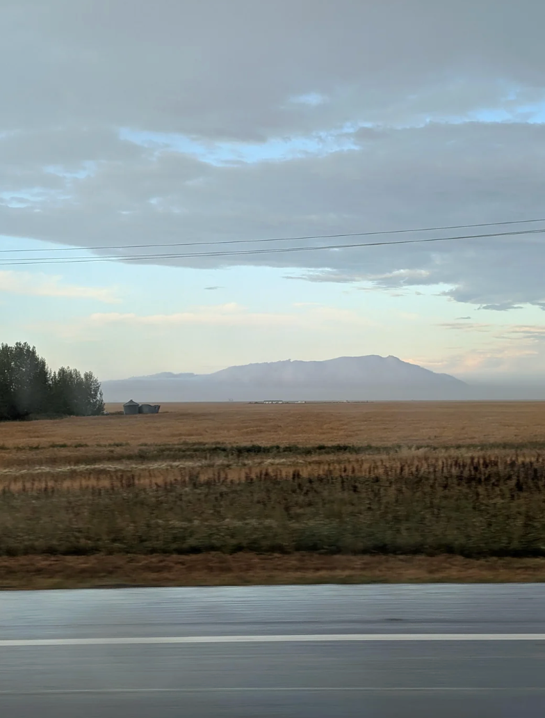 Open field with distant mountains under a cloudy sky, viewed from a roadside