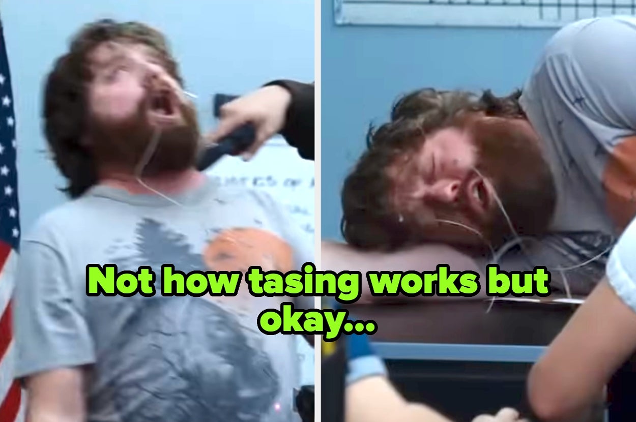 alan getting tased in the hangover captioned "Not how tasing works but okay..."