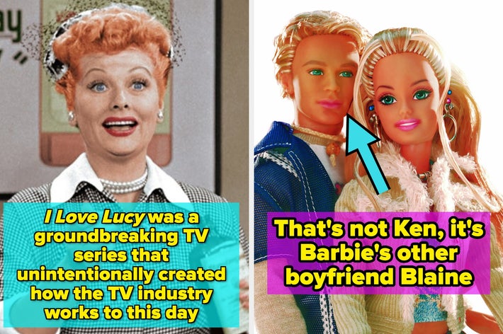 Split image: Left, Lucille Ball excitedly from "I Love Lucy" with text. Right, Barbie with Blaine, not Ken, highlighted