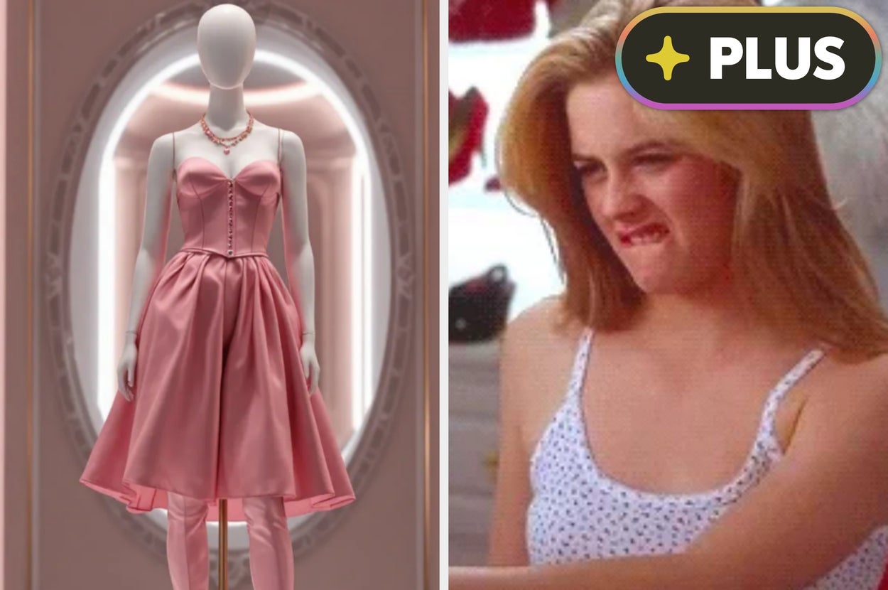 Mannequin in strapless dress with skirt and leggings next to a person in a polka dot top making a thoughtful expression