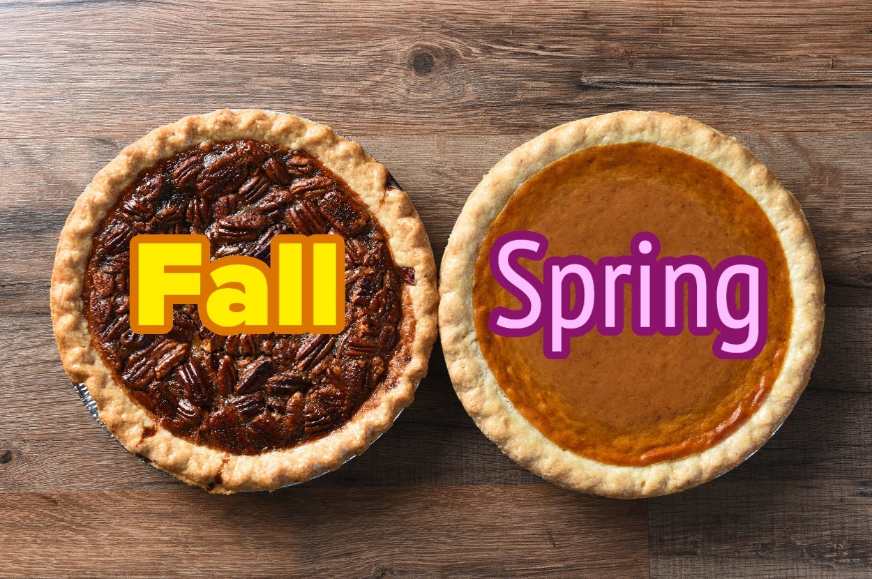 Two pies on a wooden table. Left pie labeled "Fall" is topped with pecans, right pie labeled "Spring" appears to be pumpkin