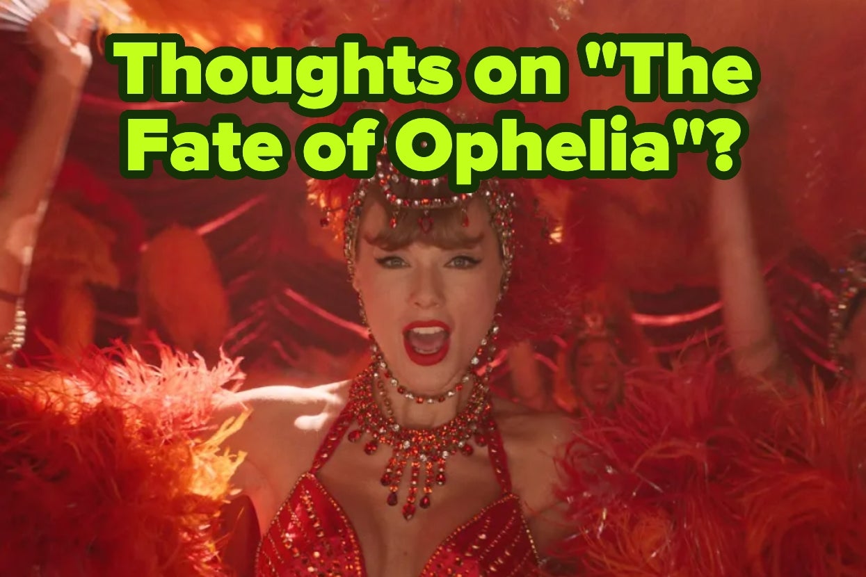 Taylor Swift in a red sequined costume with feather accents sings energetically. Text: "Thoughts on 'The Fate of Ophelia'?"